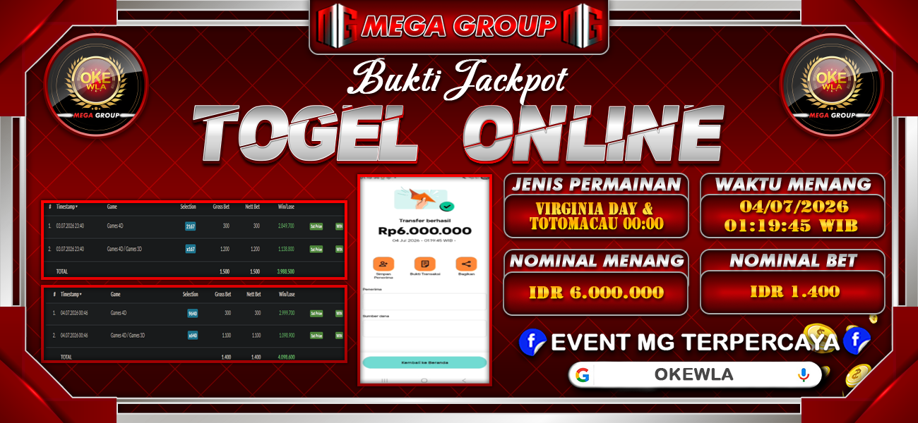 Bukti JP situs Okewla hari Sabtu, 04 Juli 2026