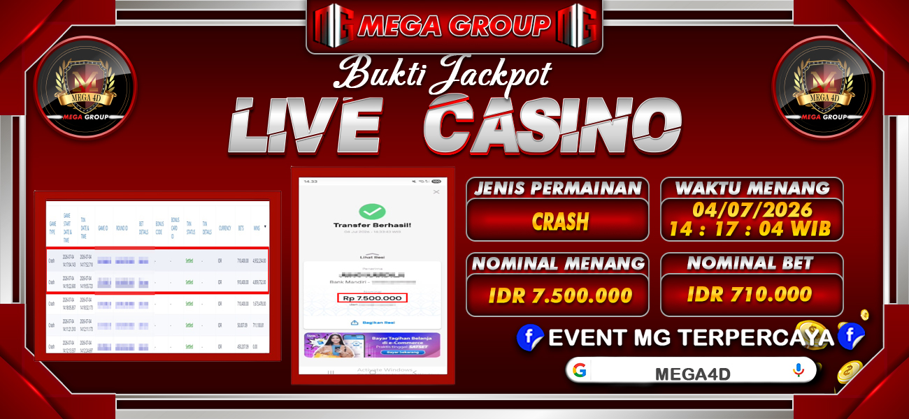Bukti JP situs Mega4D hari Sabtu, 04 Juli 2026